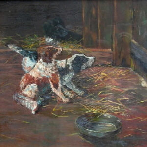 Dogs in barn waiting for owner 1909